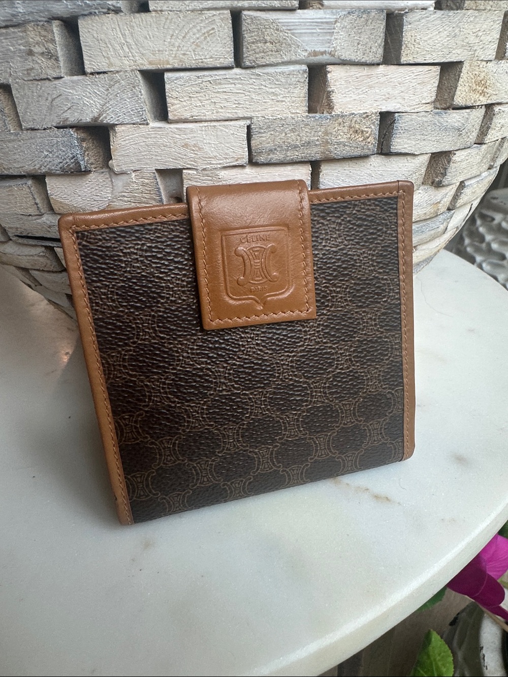 Celine Brown and Tan Monogram Card Holder Wallet